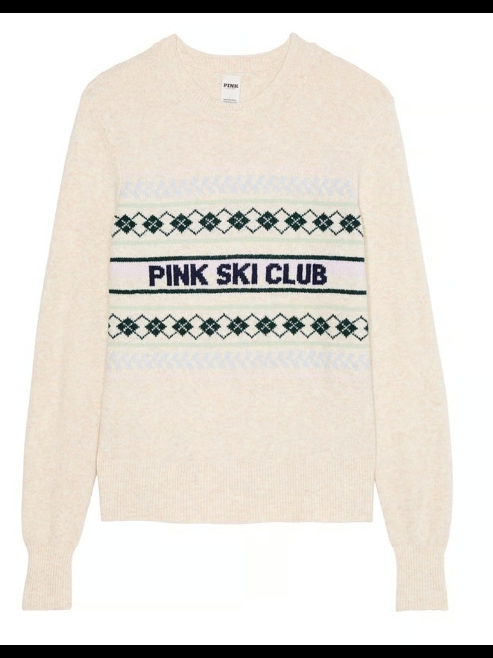 PINK Victoria's Secret Cream 'Pink Ski Club' Crewneck Sweater LARGE NWT - Picture 4 of 5